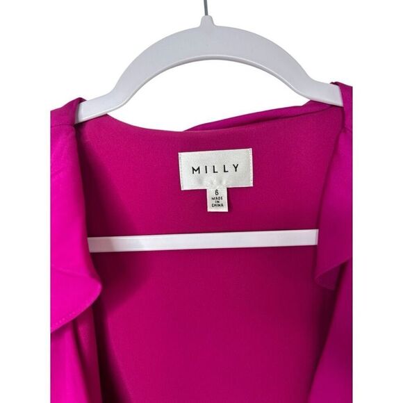 Milly Halley Fuschia Pink Faux-Wrap Satin Midi Dress Size 6 Ruffle Neiman Marcus - Picture 4 of 8